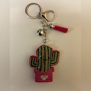 Rhinestone Cactus Keychain with Red and Green Accents